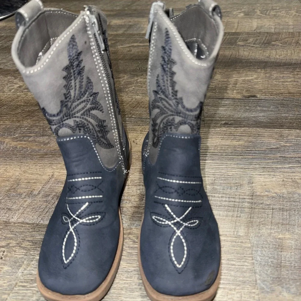 Pawz Kids Size 13 Cowboy Boots Navy Gray Western Embroidered Boys Girls Zip